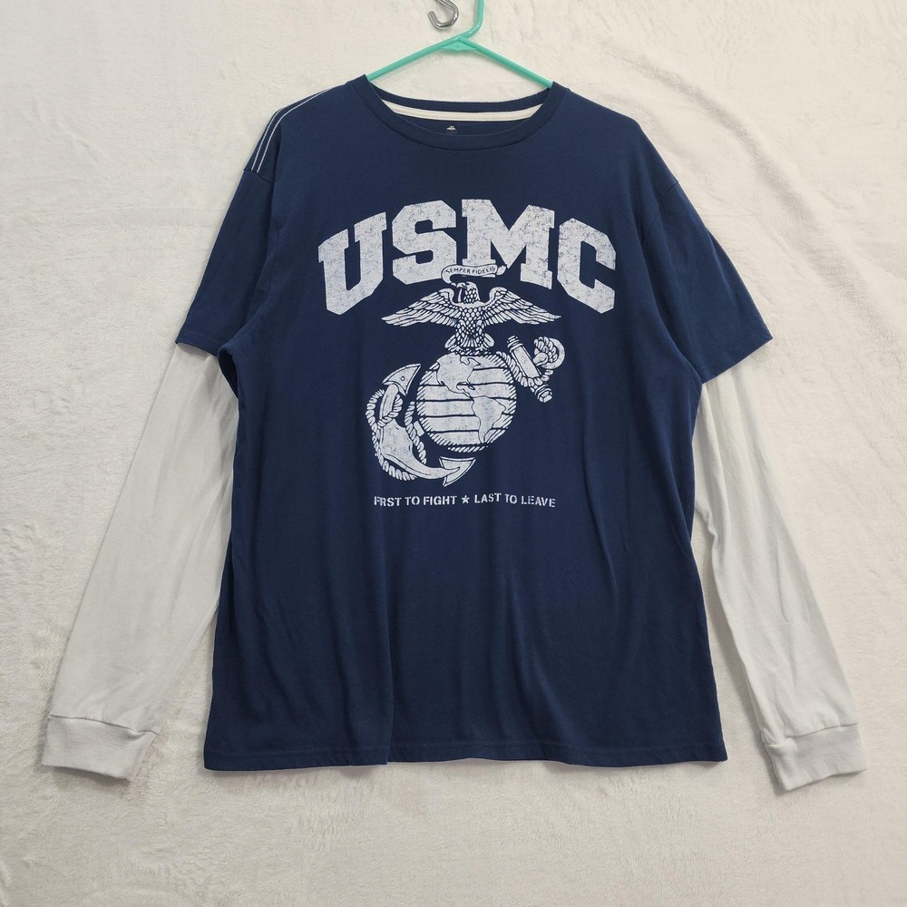 Marines Shirt Mens XL Blue‎ USMC Eagle Globe Anchor Layered Long Sleeve Graphic